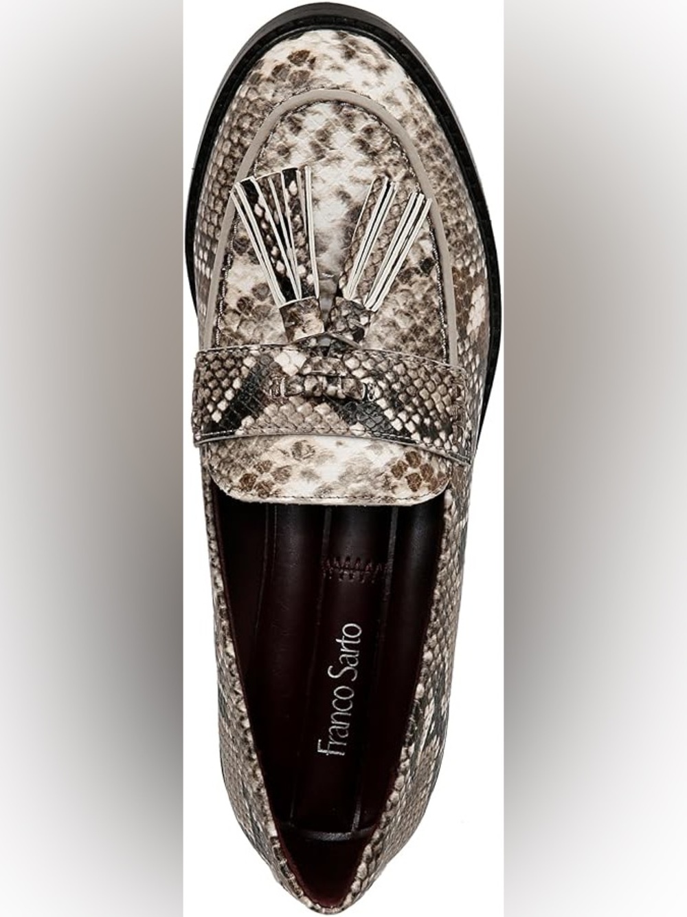 Franco Sarto Snake-Print Tassel Loafers in Neutral Brown and Black - Picture 5 of 5